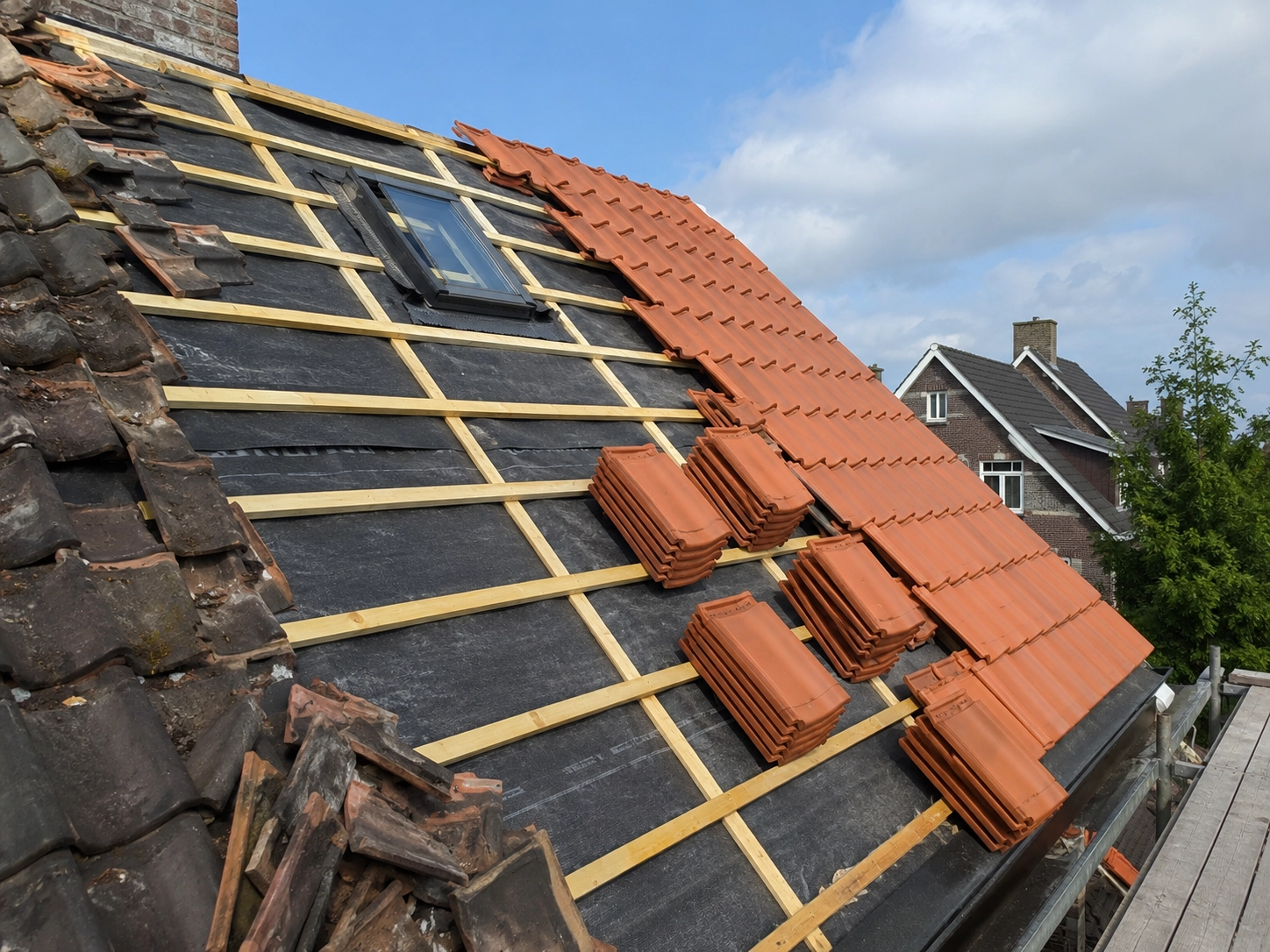 Pannendak in renovatie met zichtbaar onderdak, panlatten en nieuwe dakpannen