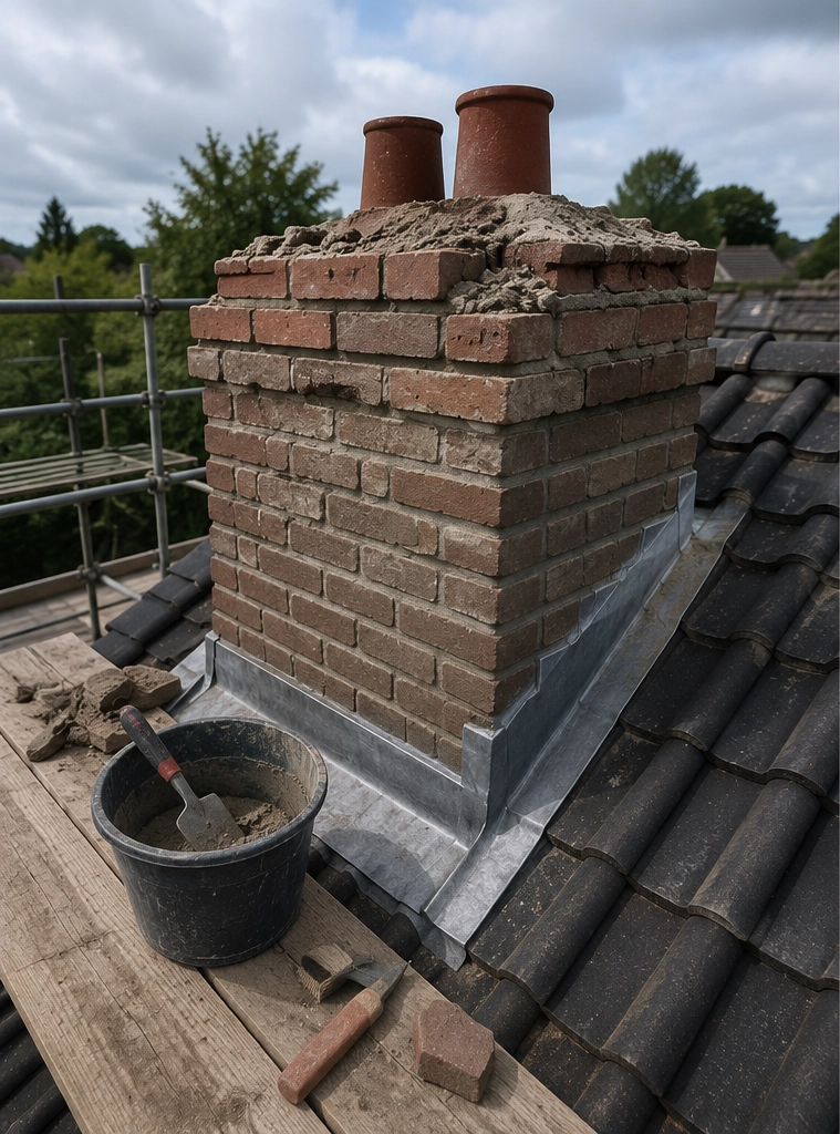 Gemetselde schoorsteen in renovatie met nieuwe voegen en loodwerk